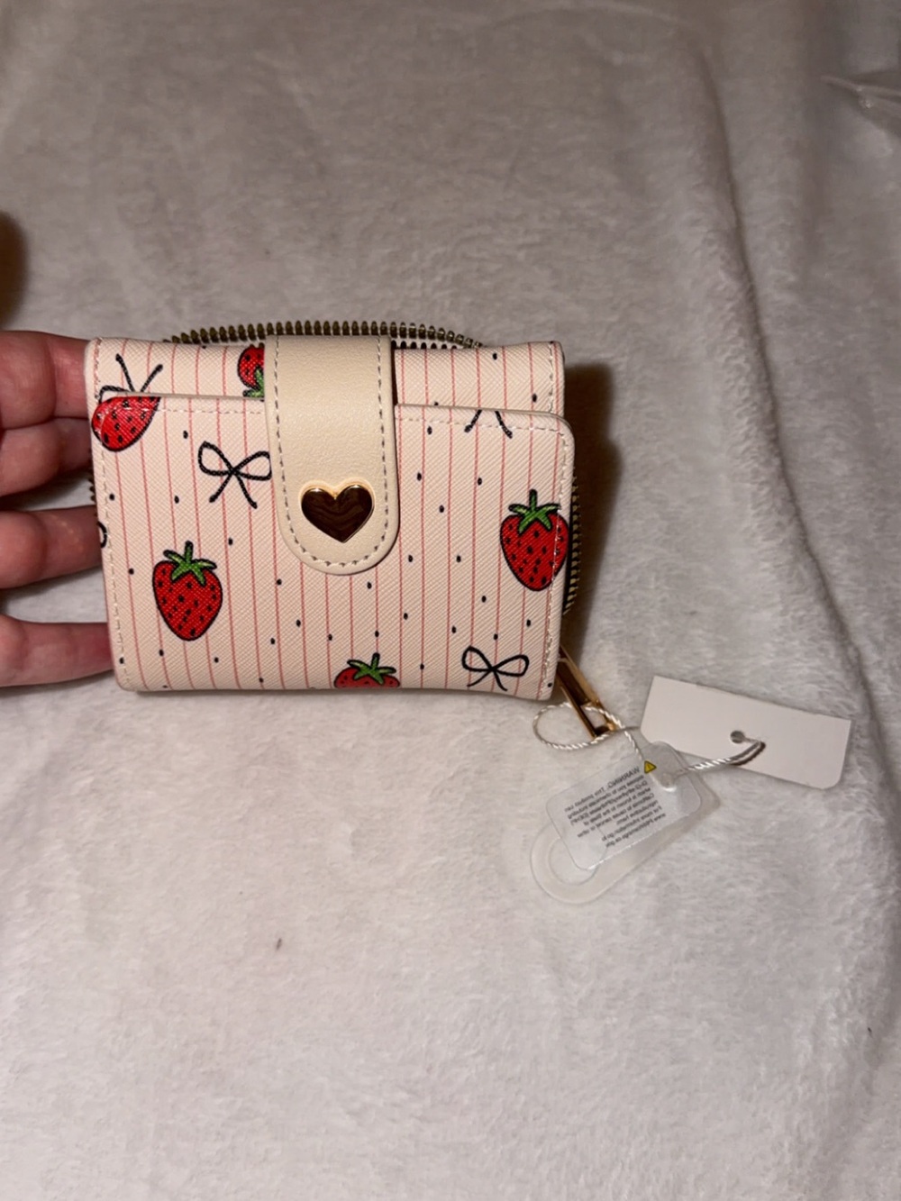 Cream Strawberry Print Zip Card Holder with Heart Accent